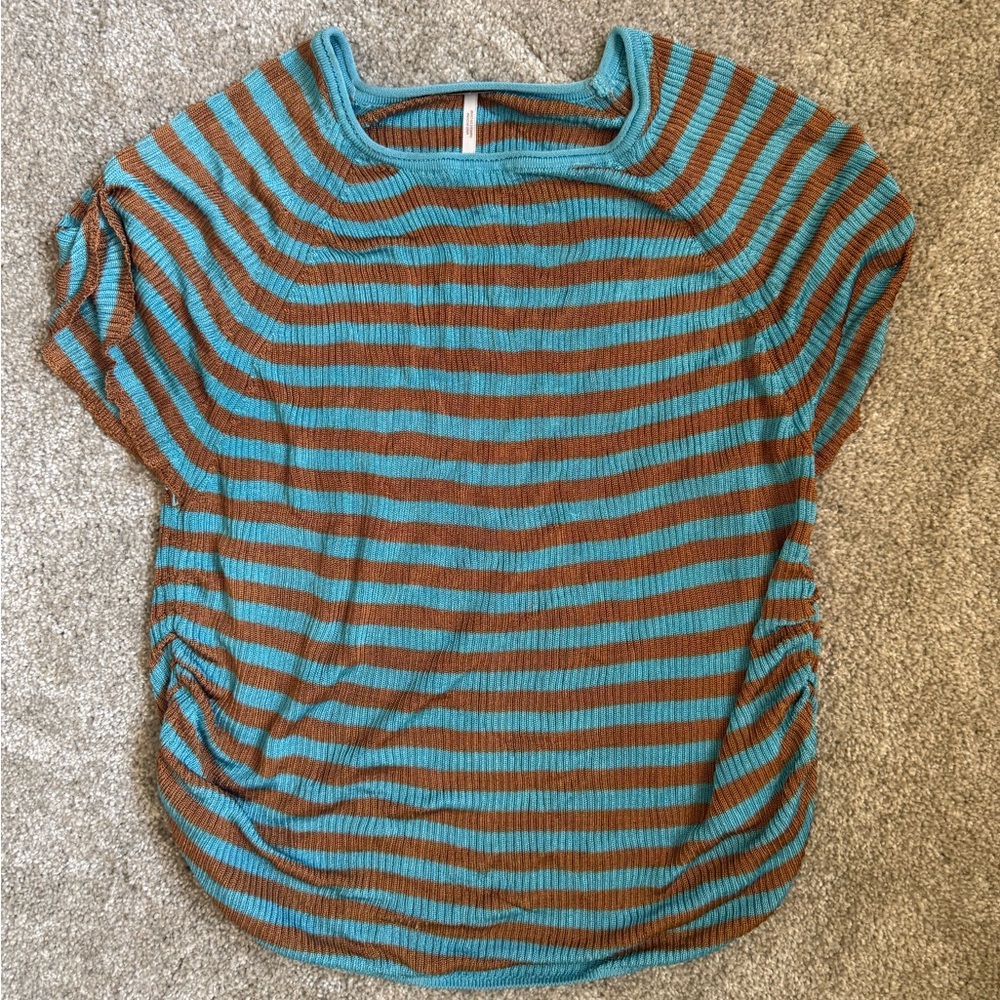 Free People Striped Blue and Brown Women's Top with ruched sides, size M